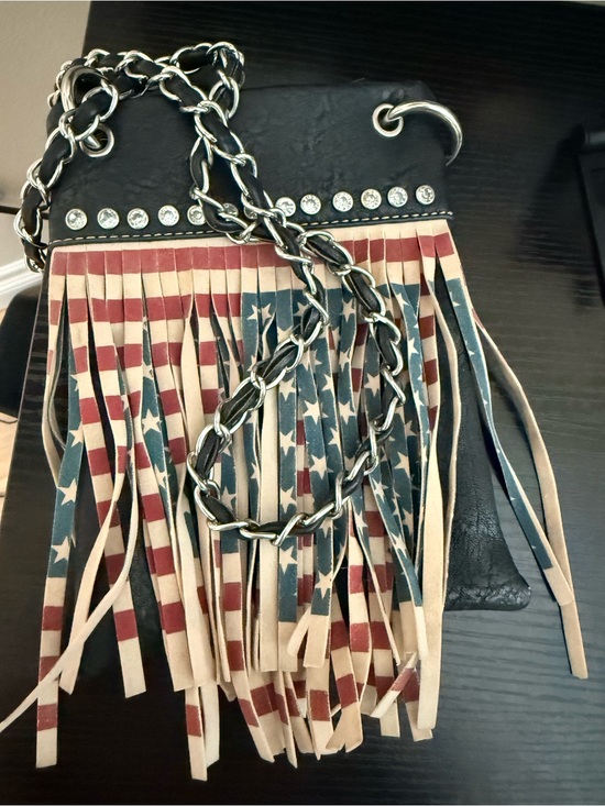 Handbags - Fringed American Flag Crossbody Bag with Chain Strap